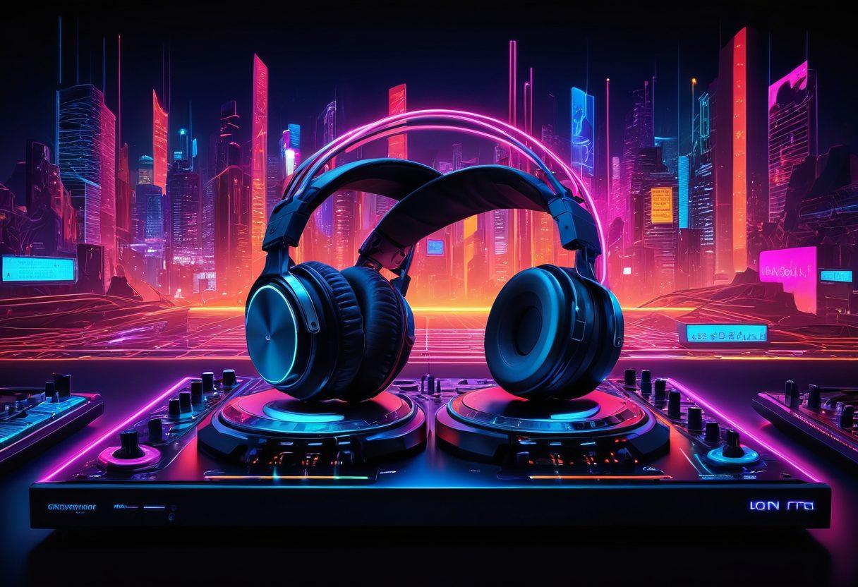 A dynamic fusion of vibrant sound waves intertwining with eclectic electronic instruments like synthesizers and DJ turntables, set against a backdrop of colorful neon lights pulsating to the beat of music. Include abstract visuals representing auditory expression, such as musical notes and headphones. The atmosphere should convey energy and creativity, ideal for a blog about electronic music. cyberpunk. vibrant colors. high contrast.
