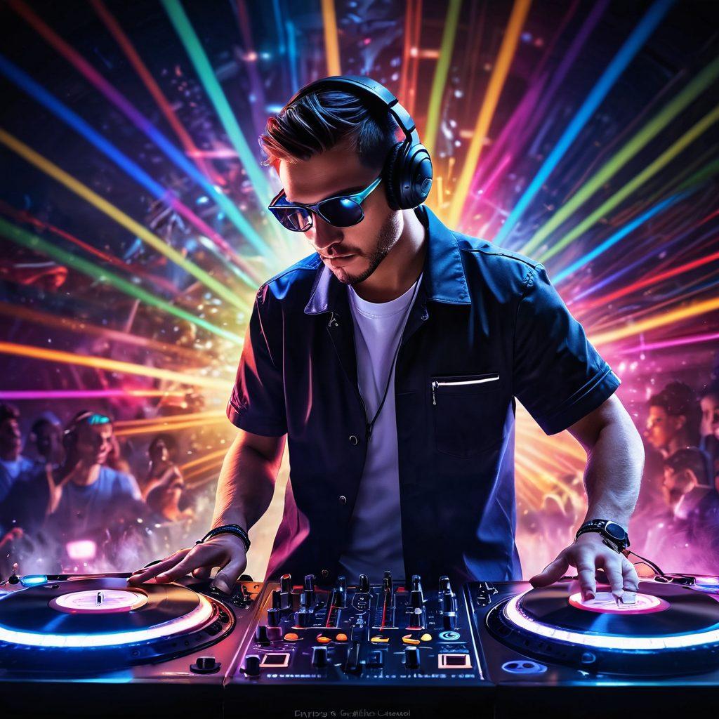 A vibrant scene of a DJ mixing at an electrifying underground club, surrounded by colorful sound waves radiating from the turntables. The audience is immersed in the music, with lights flashing in a kaleidoscope of colors. Include details like headphones, vinyl records, and futuristic technology integrated into the DJ booth. Envision a dynamic atmosphere that captures the essence of electronic music culture. super-realistic. vibrant colors. 3D.