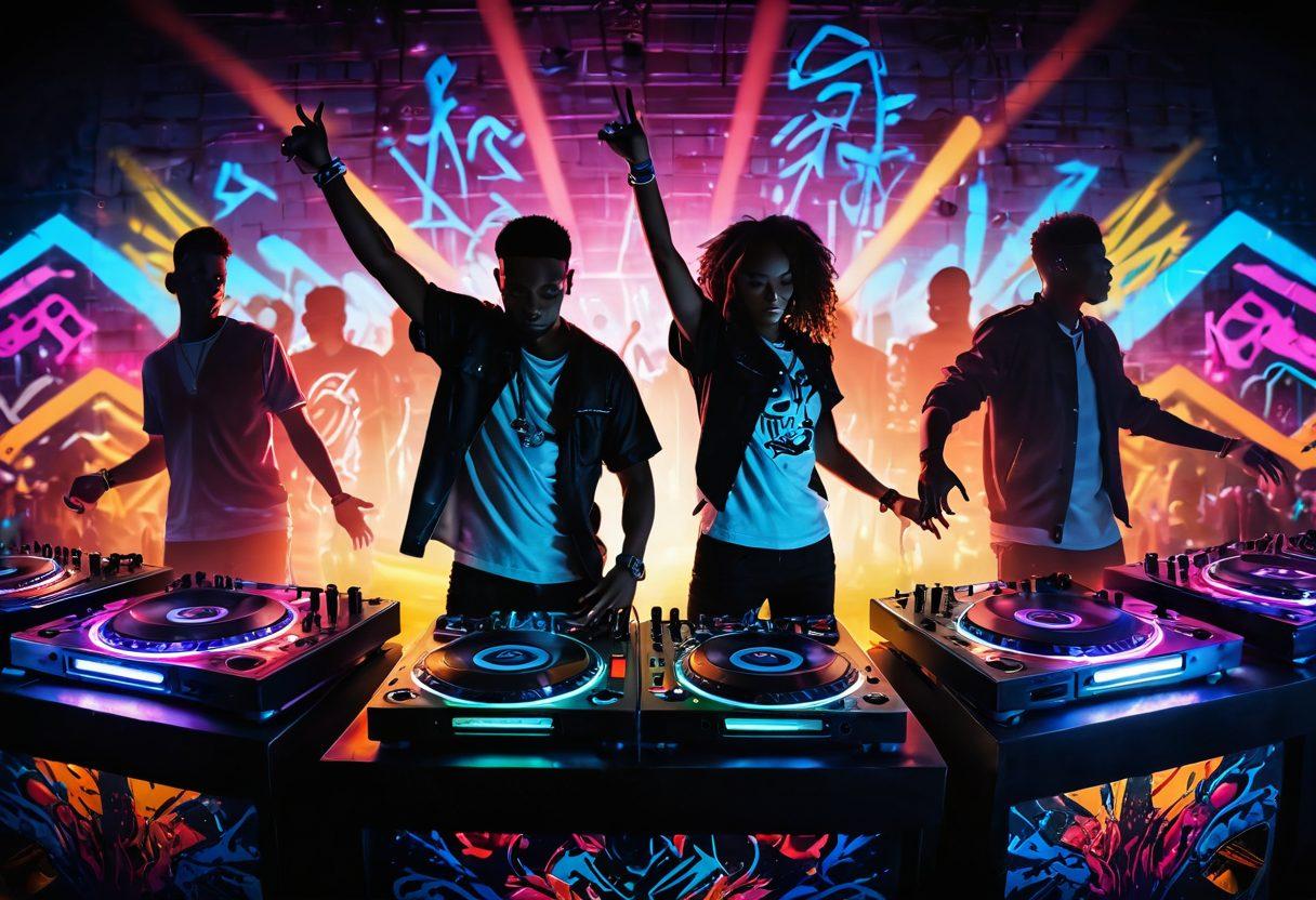 A vibrant and dynamic DJ setup with colorful turntables surrounded by energetic dancers, glowing club lights, and abstract sound waves emerging from the speakers. The backdrop features a graffiti-style mural celebrating electronic music culture, while a crowd is depicted in silhouette, capturing the excitement of a live music experience. super-realistic. vibrant colors. 3D.